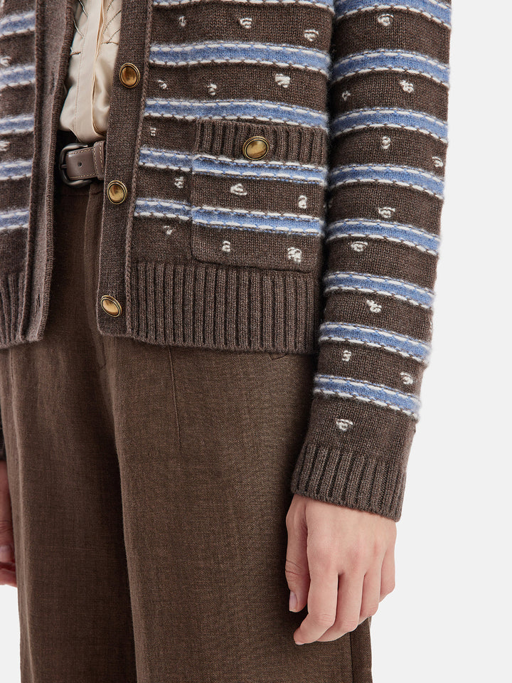 El Tığ İşi Çizgili Yün Hırka