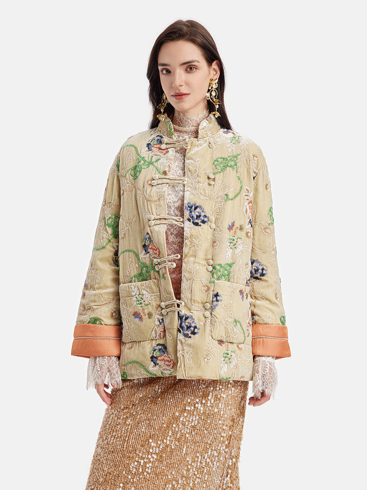 İpek Kadife Nakışlı Kaban