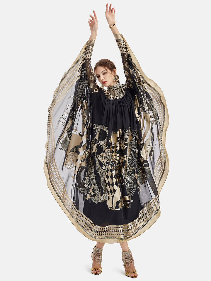 Vintage Siyah Ve Altın Baskılı Batwing Pelerin Elbise