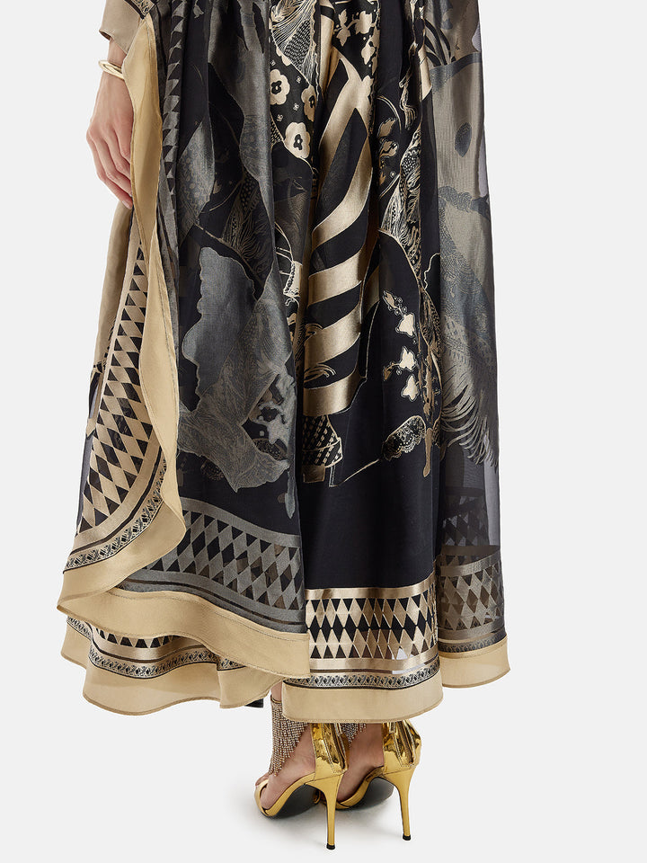 Vintage Siyah Ve Altın Baskılı Batwing Pelerin Elbise