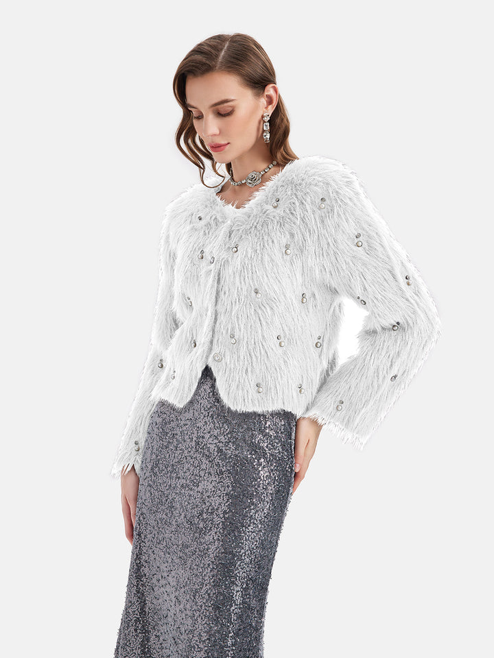 İnci Boncuklu Suni Vizon Kaban