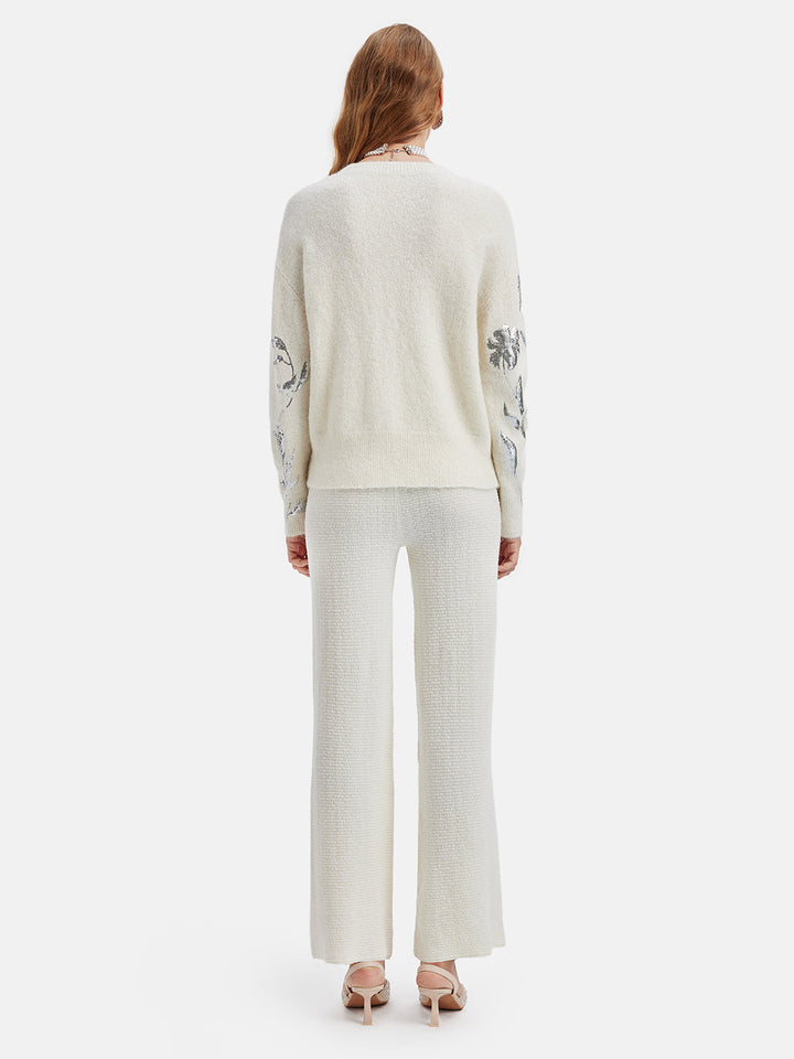 Gümüş Çiçek İşlemeli Triko Kazak