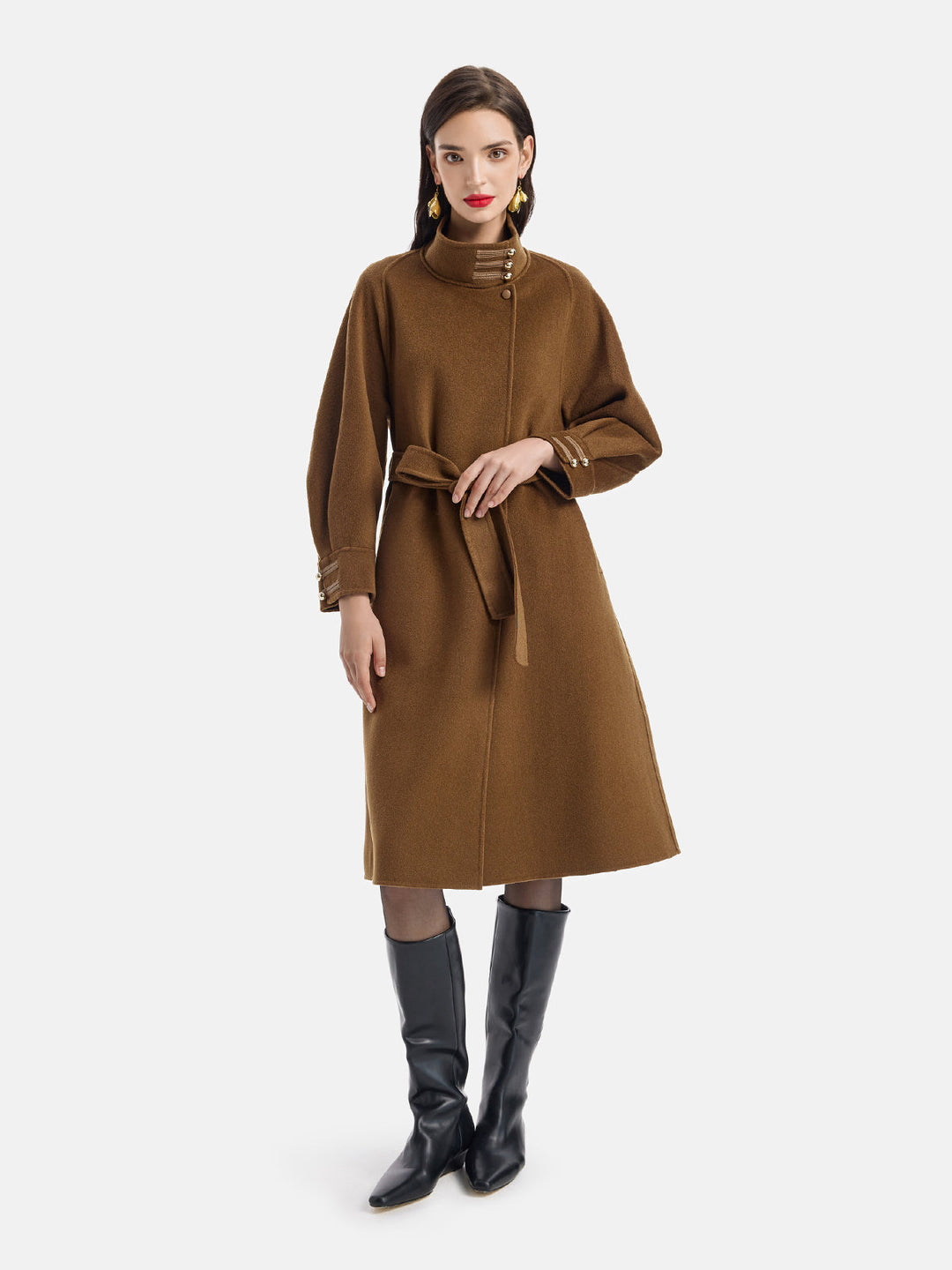 El İşi Çift Taraflı Yün Dik Yaka Kravat Kaban