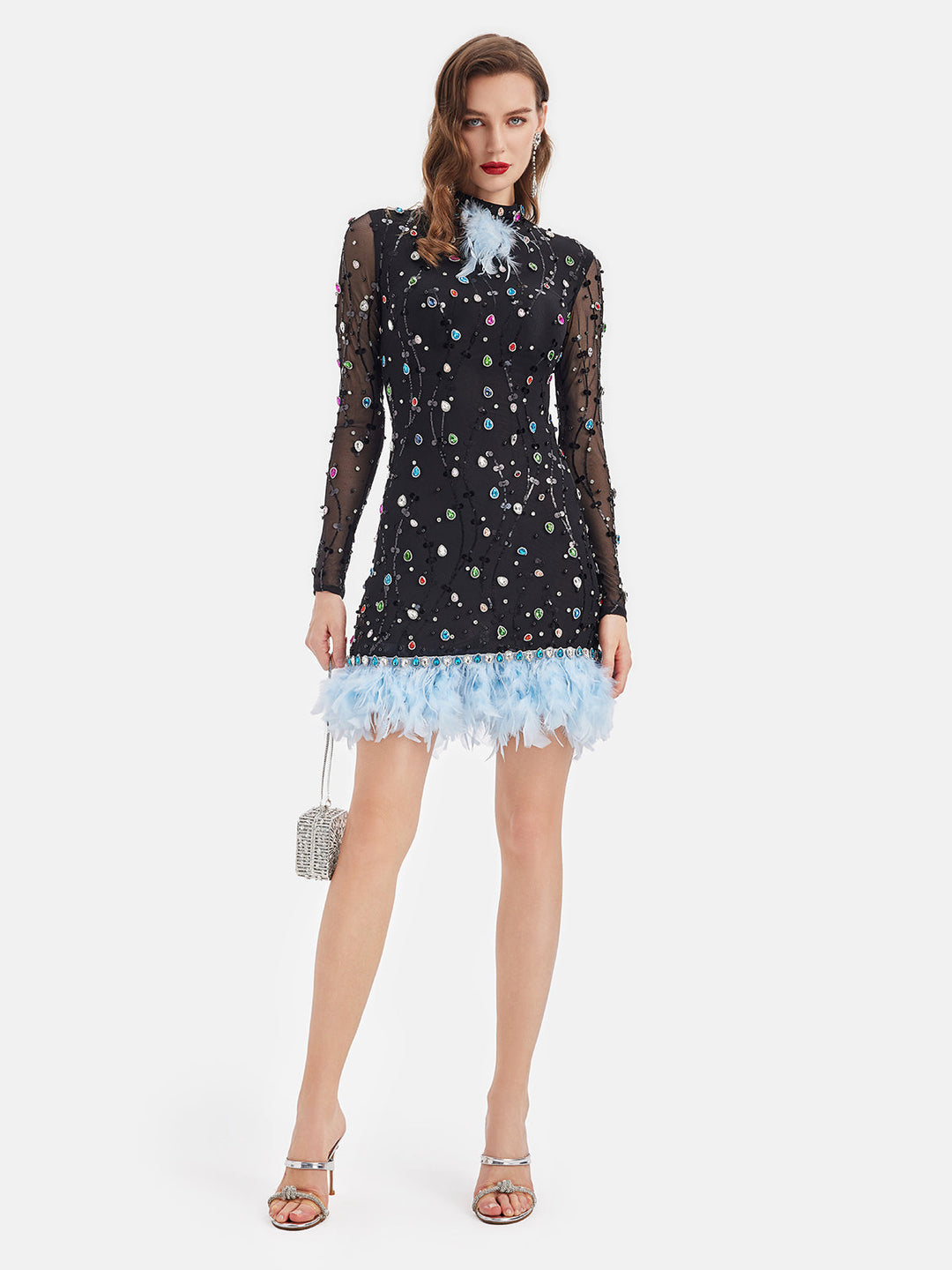 Renkli Elmas Devekuşu Tüyü Süslü Elbise