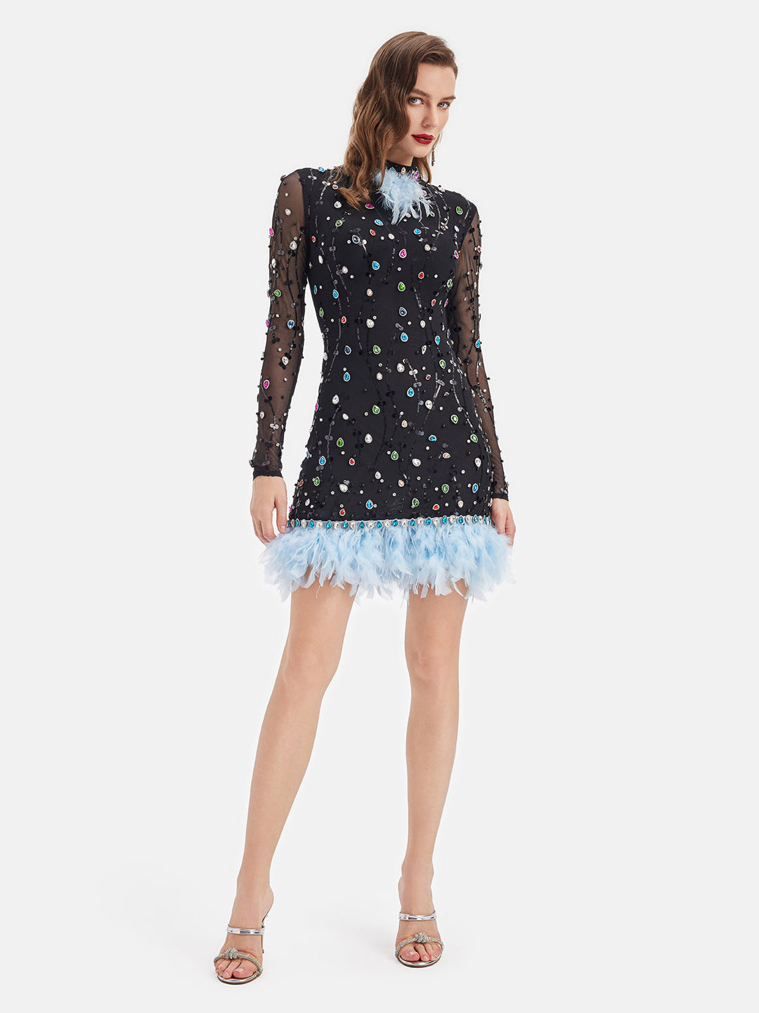 Renkli Elmas Devekuşu Tüyü Süslü Elbise