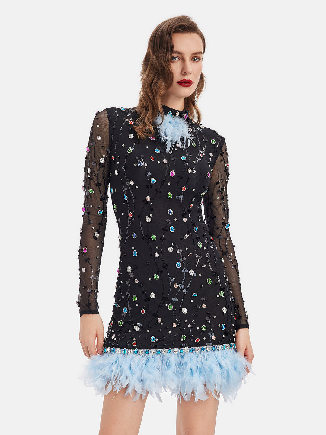 Renkli Elmas Devekuşu Tüyü Süslü Elbise