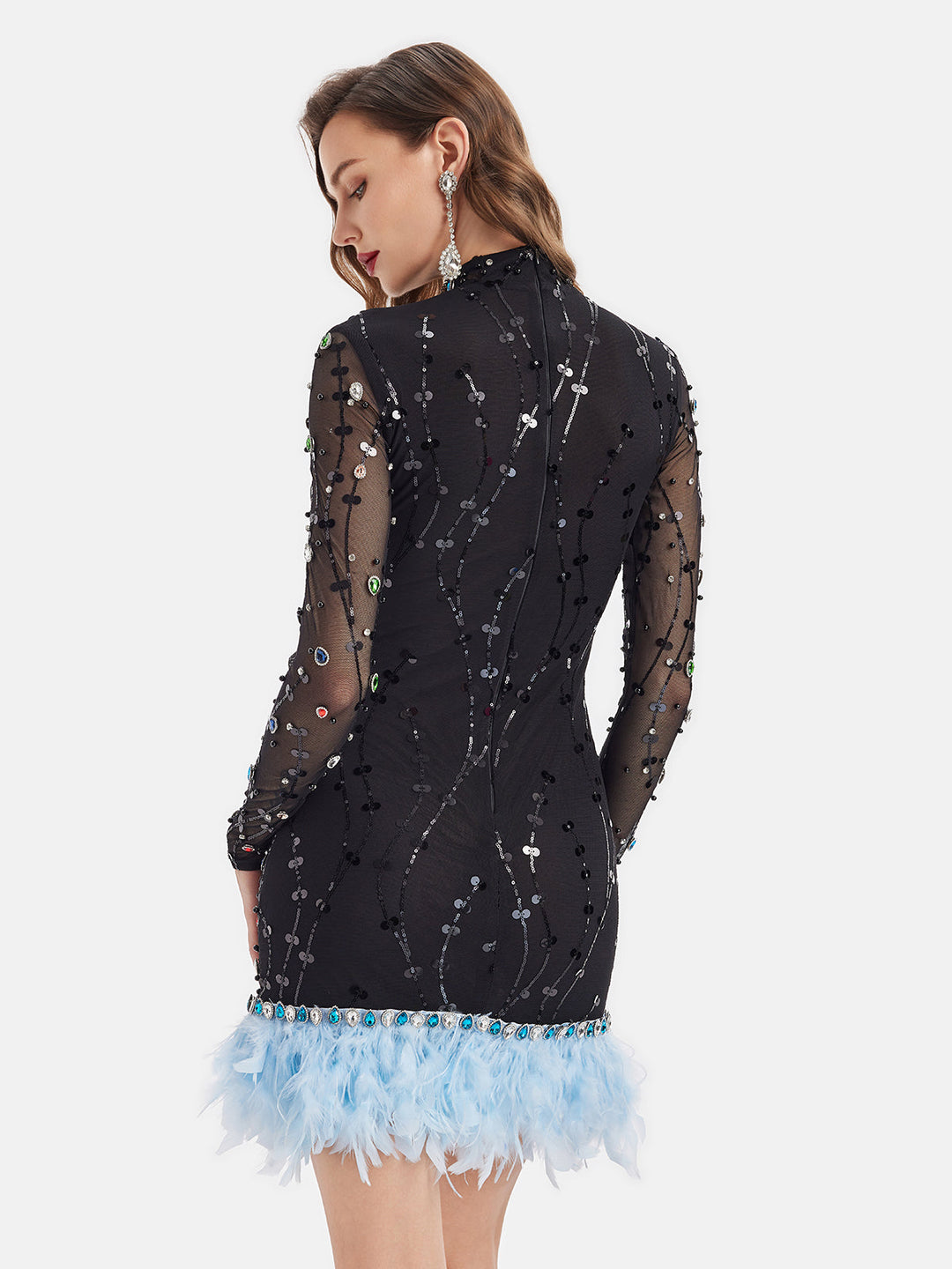 Renkli Elmas Devekuşu Tüyü Süslü Elbise