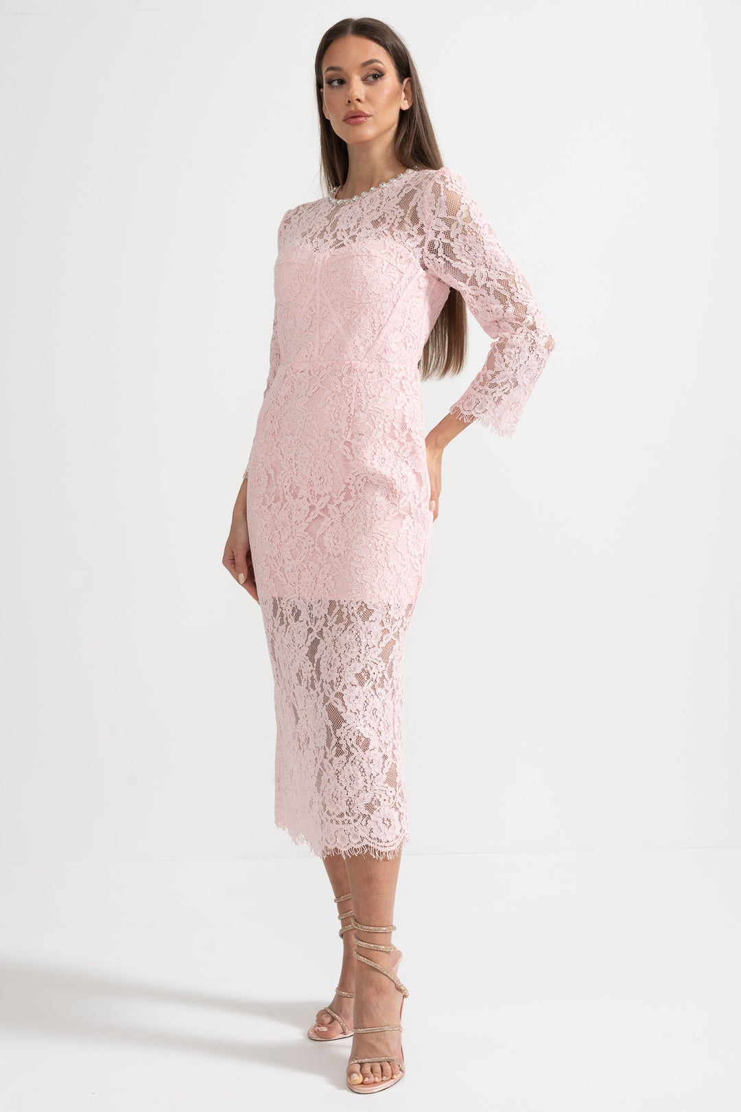 Eşleşen Bel Kemerli Zarif Uzun Kollu Dantel Elbise