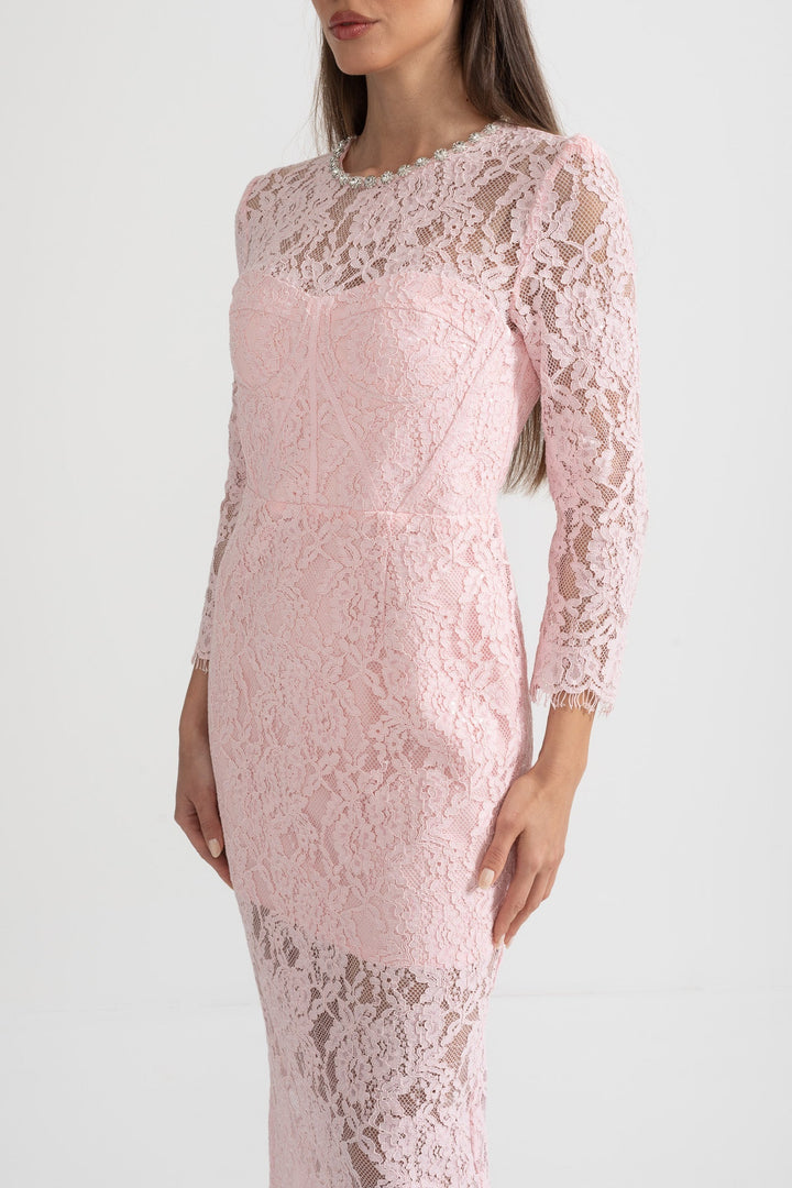 Eşleşen Bel Kemerli Zarif Uzun Kollu Dantel Elbise