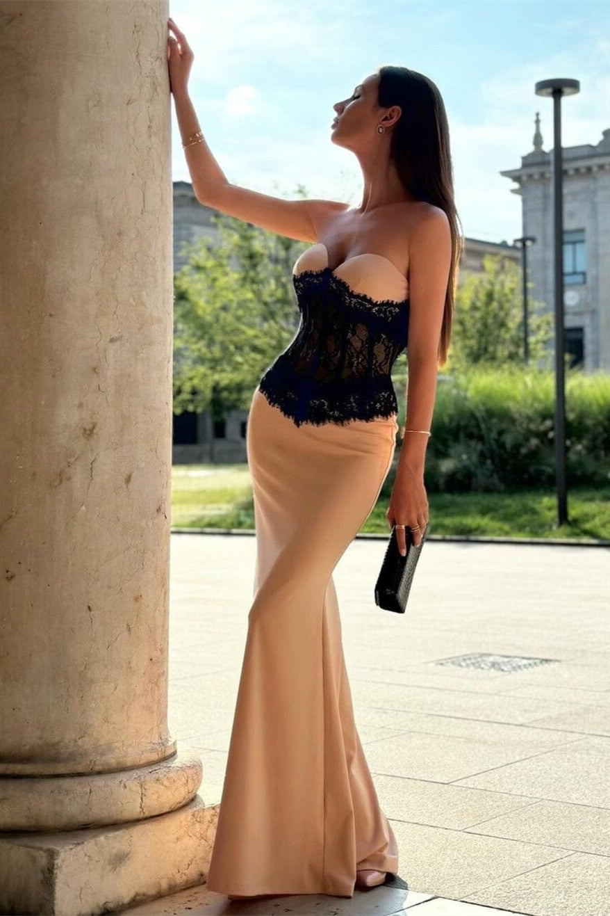 Barbara İşlemeli Dantel Straplez Uzun Elbise