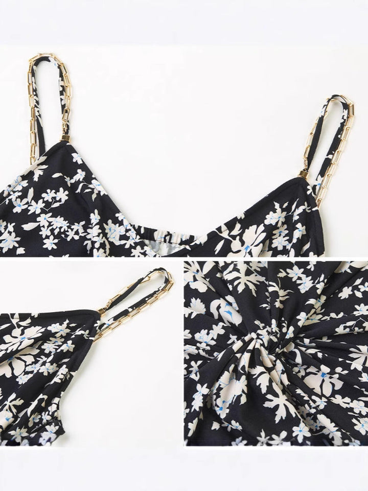 Çiçekli Siyah Beyaz Fransız Elbise