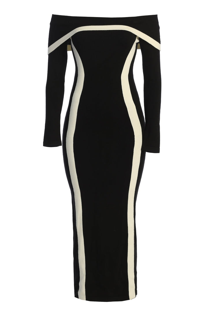Helen Düşük Omuz Kontrast Uzun Elbise
