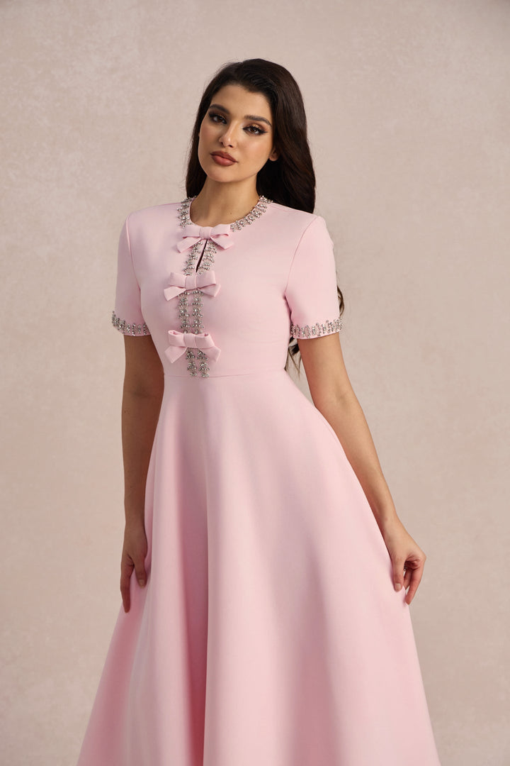 Zoe Fiyonklu Kristal Süslemeli Midi Elbise