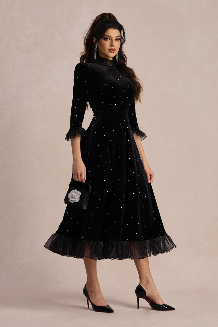 Jolie Diamante Fırfırlı Kadife Maxi Elbise