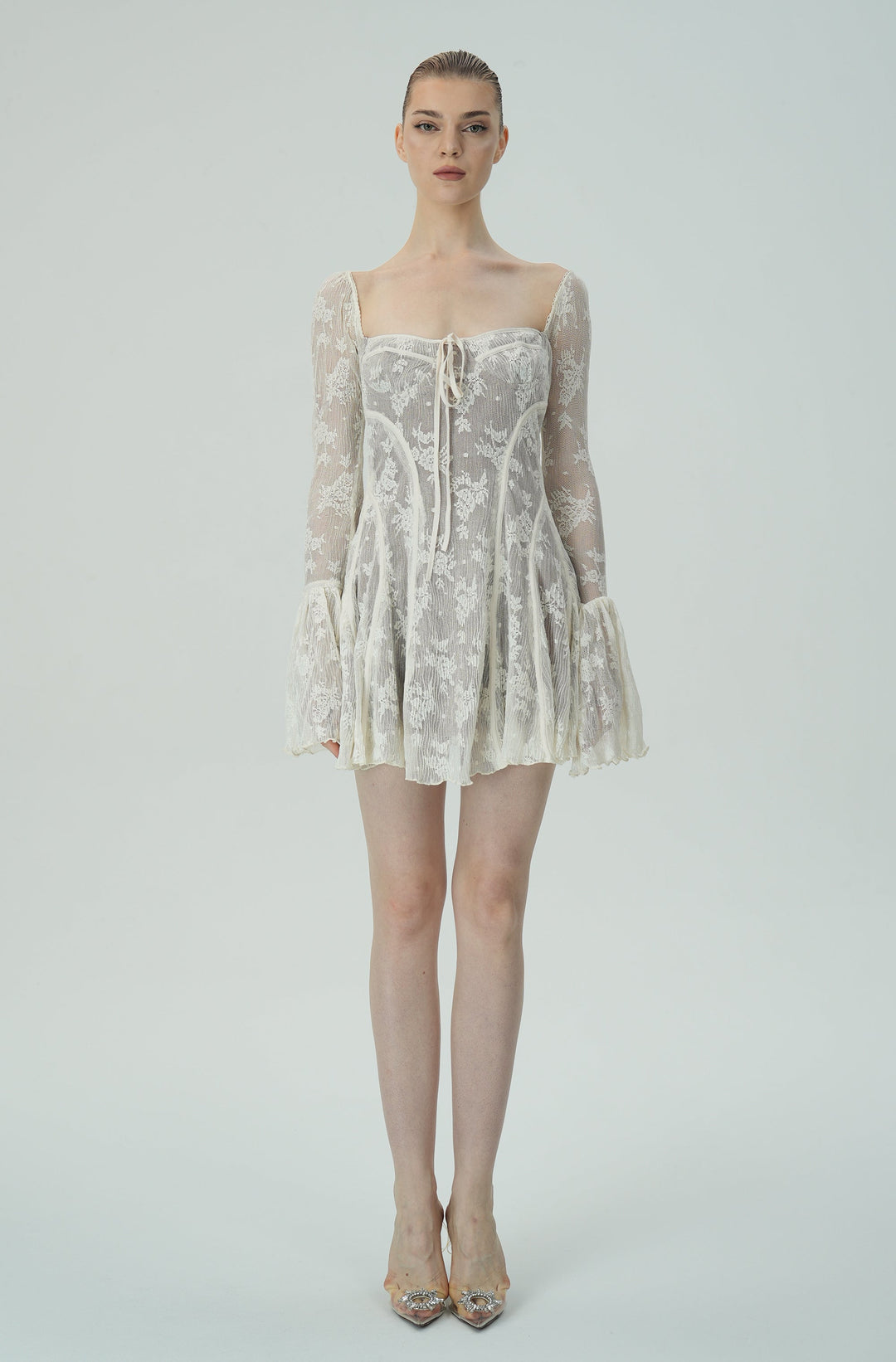 Dantel Çan Kollu Mini Elbise