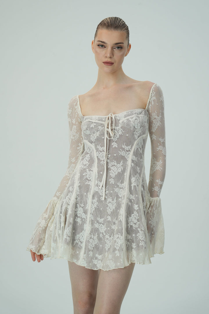 Dantel Çan Kollu Mini Elbise