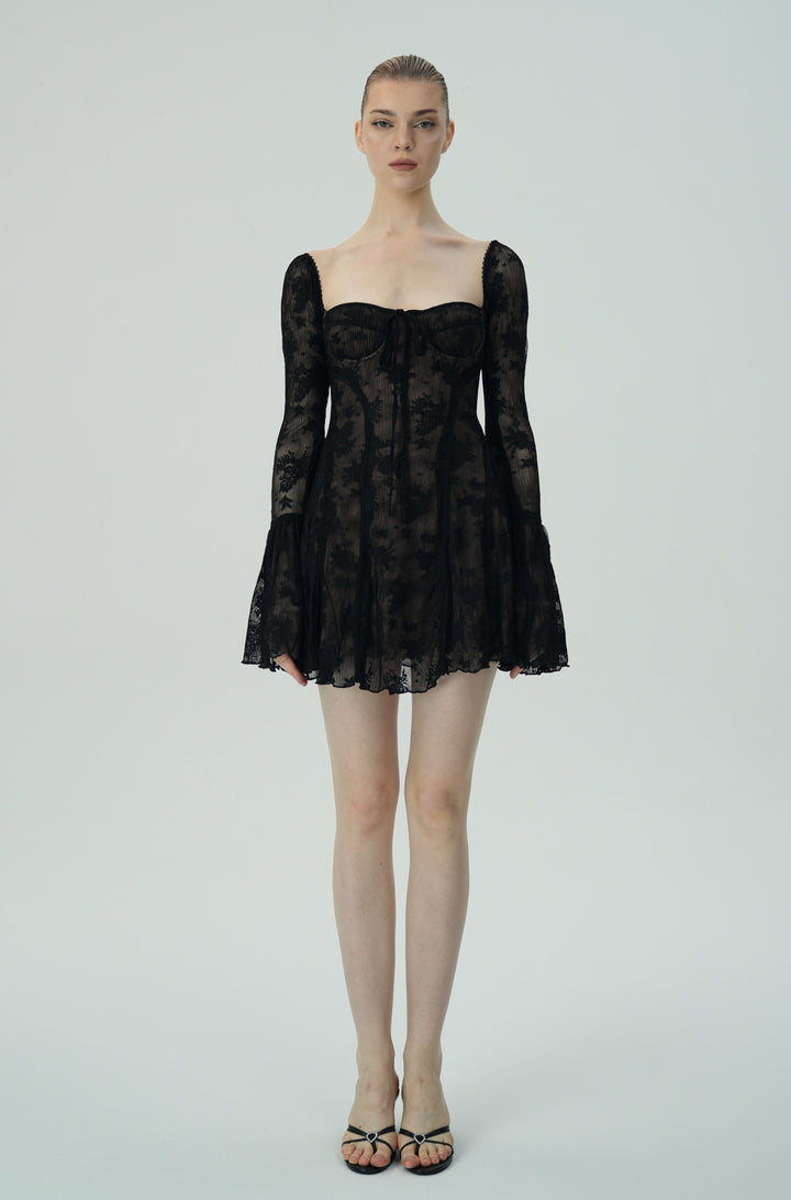 Dantel Çan Kollu Mini Elbise