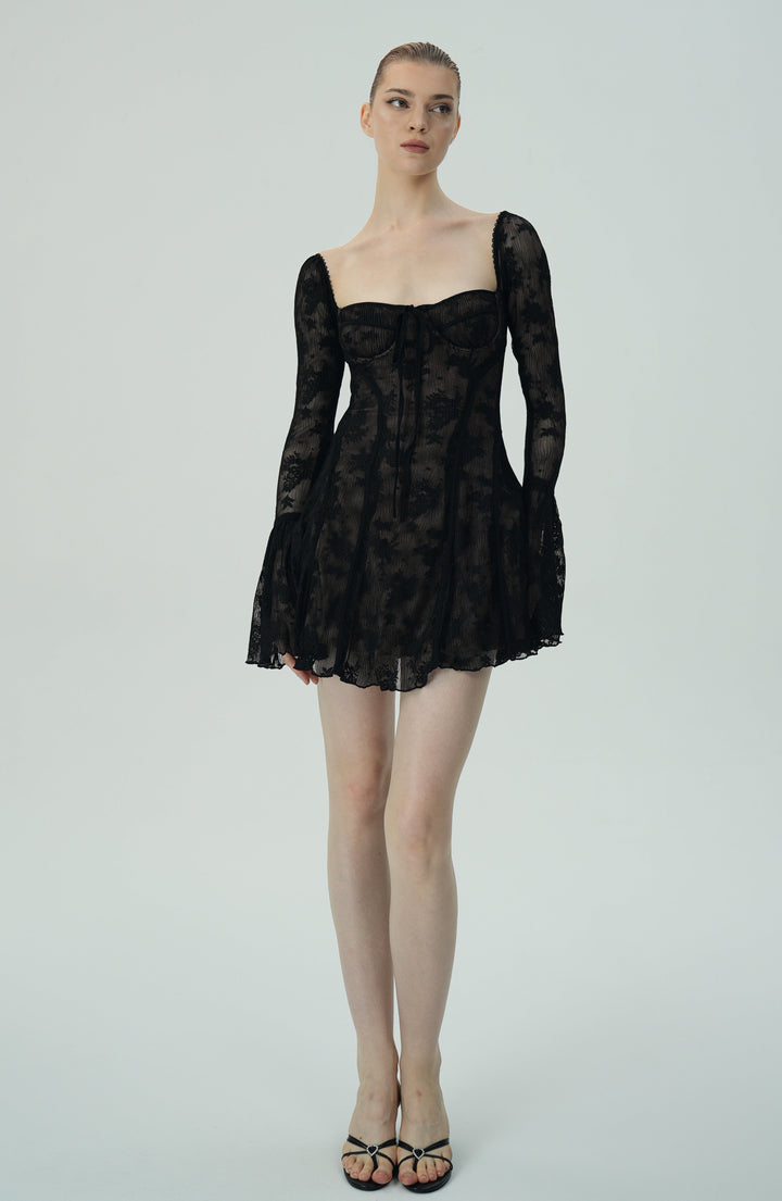 Dantel Çan Kollu Mini Elbise