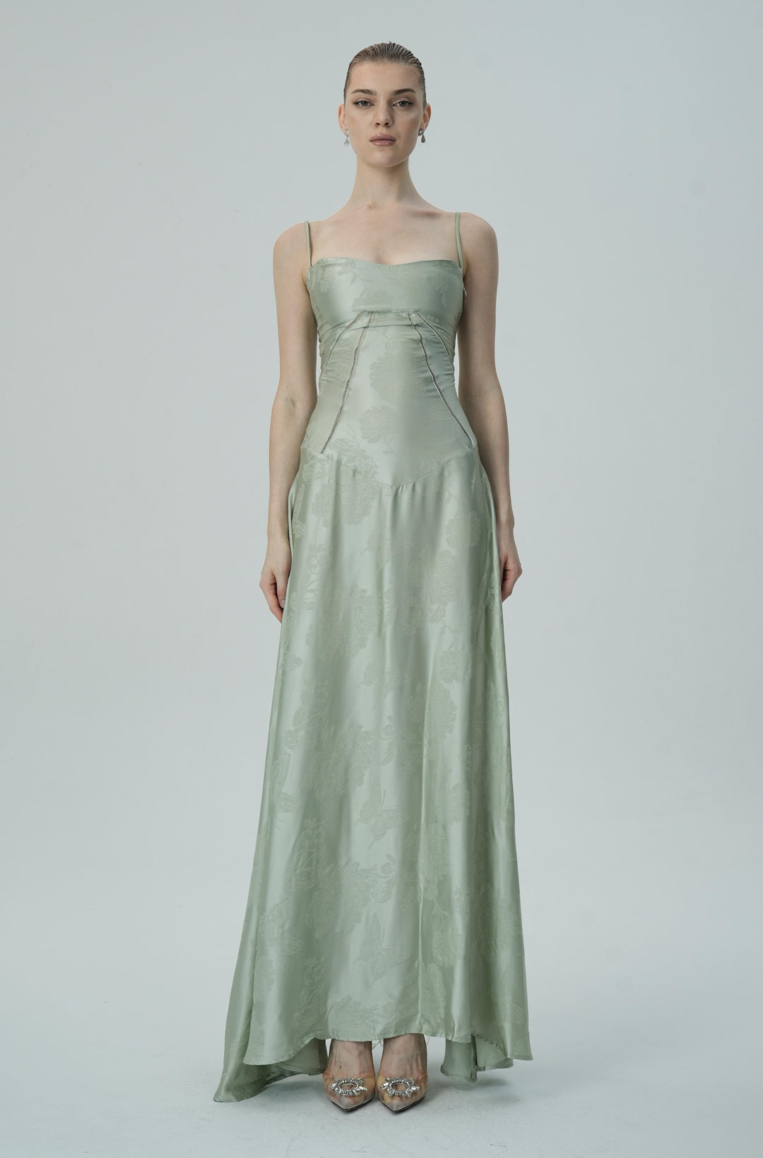 Lavanta Çiçekli Jakarlı Saten Maksi Elbise