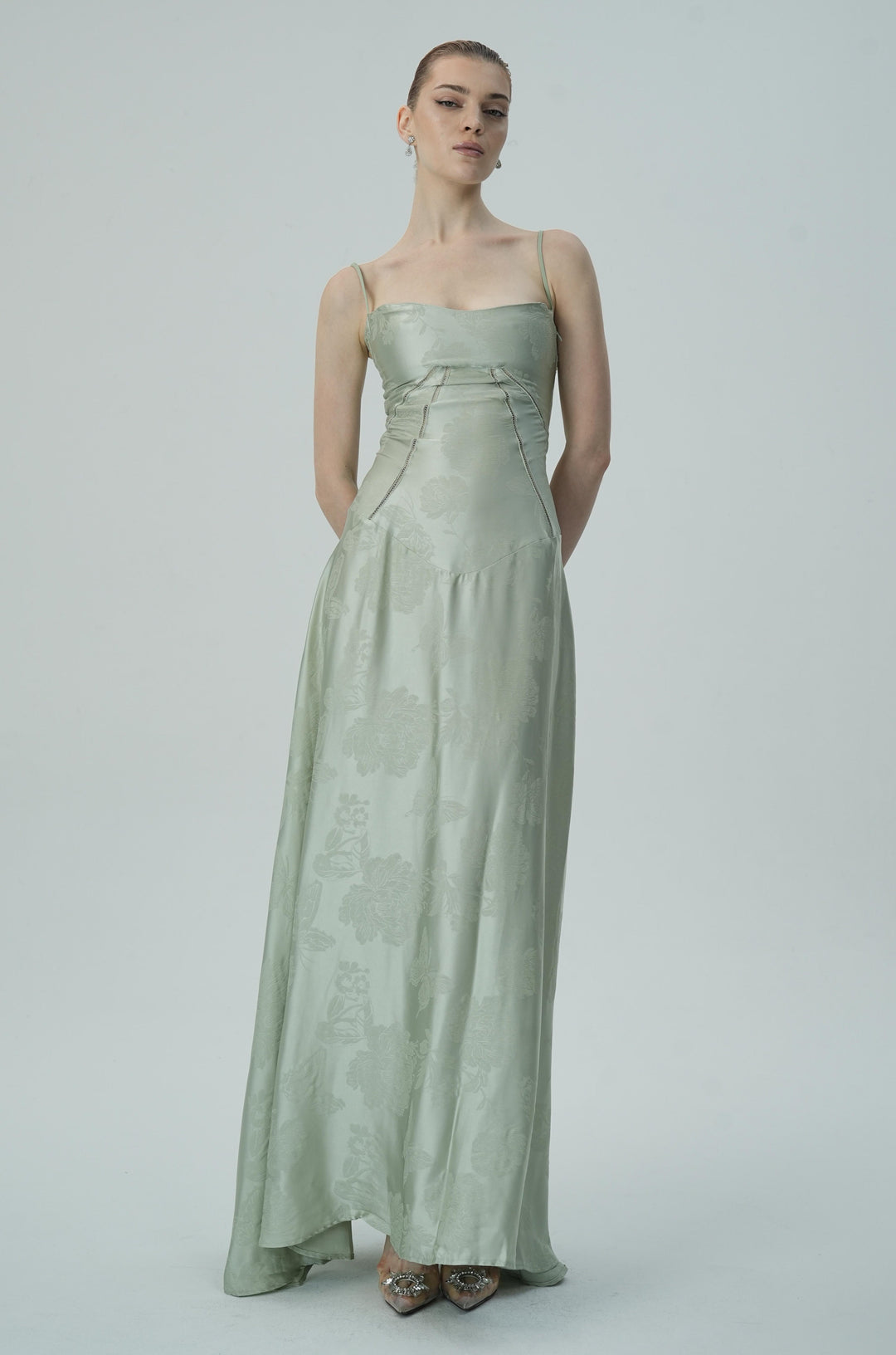 Lavanta Çiçekli Jakarlı Saten Maksi Elbise