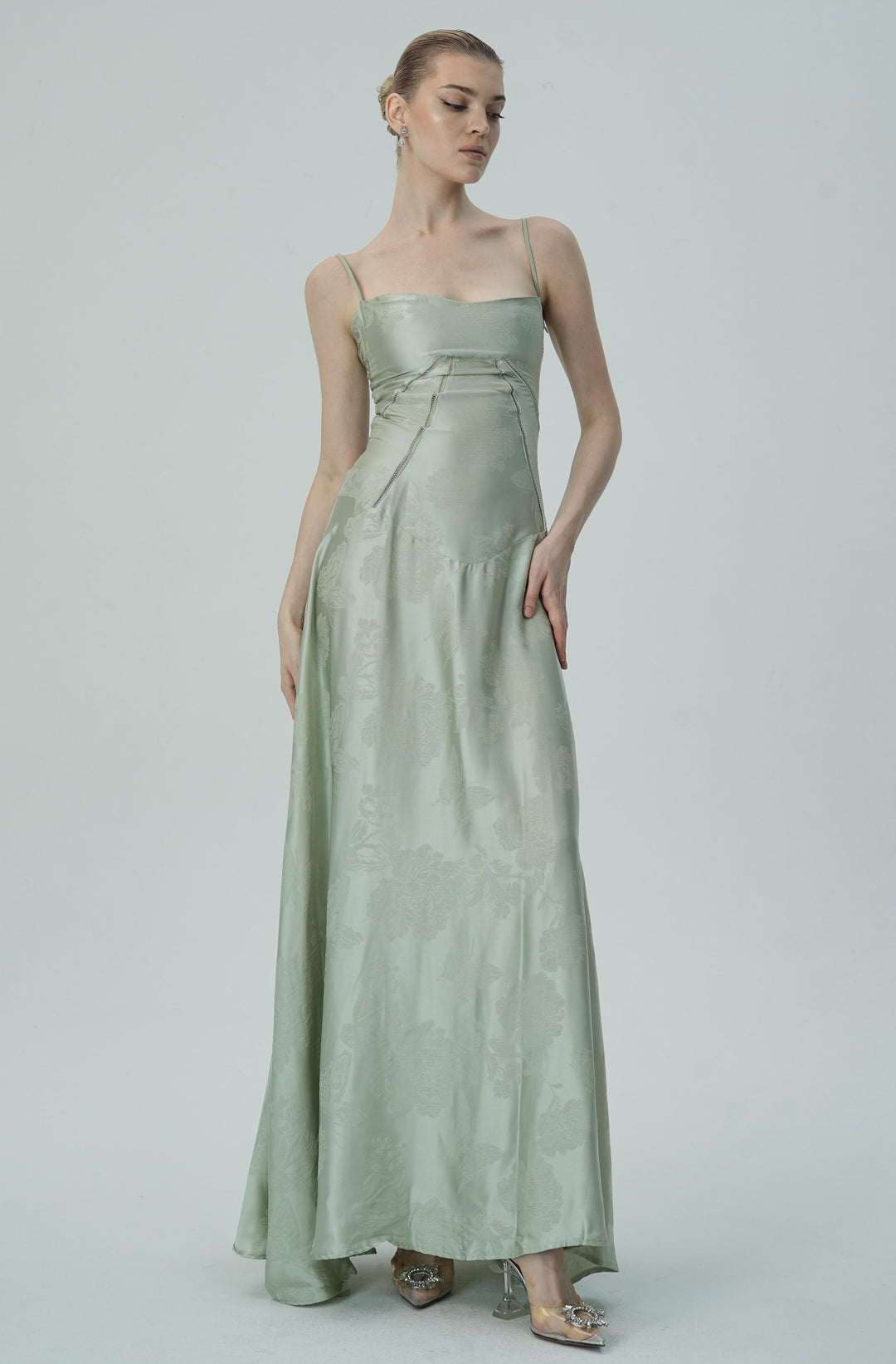 Lavanta Çiçekli Jakarlı Saten Maksi Elbise