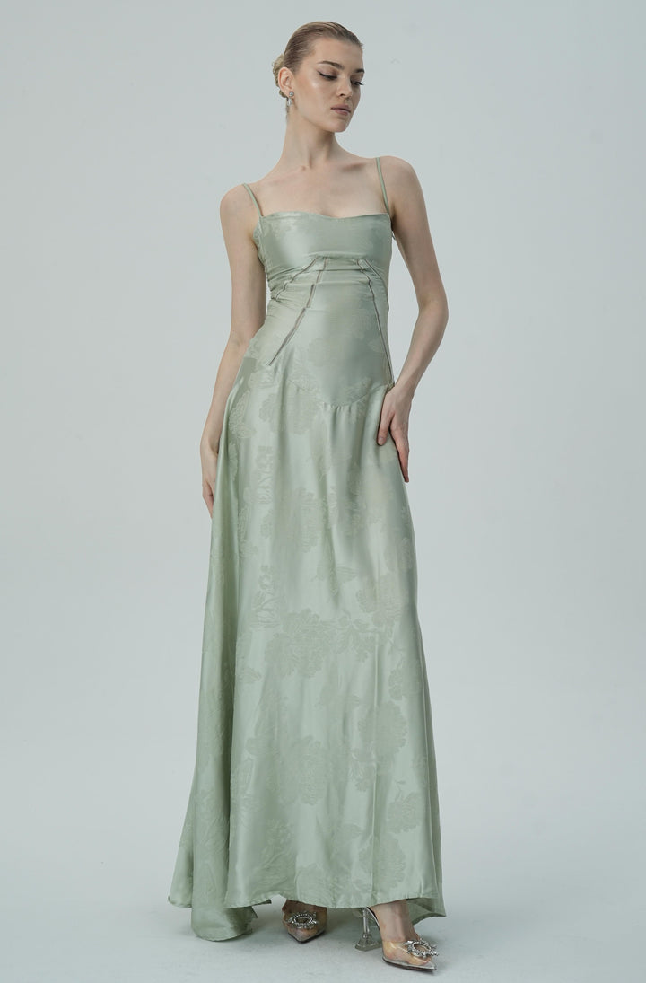 Lavanta Çiçekli Jakarlı Saten Maksi Elbise