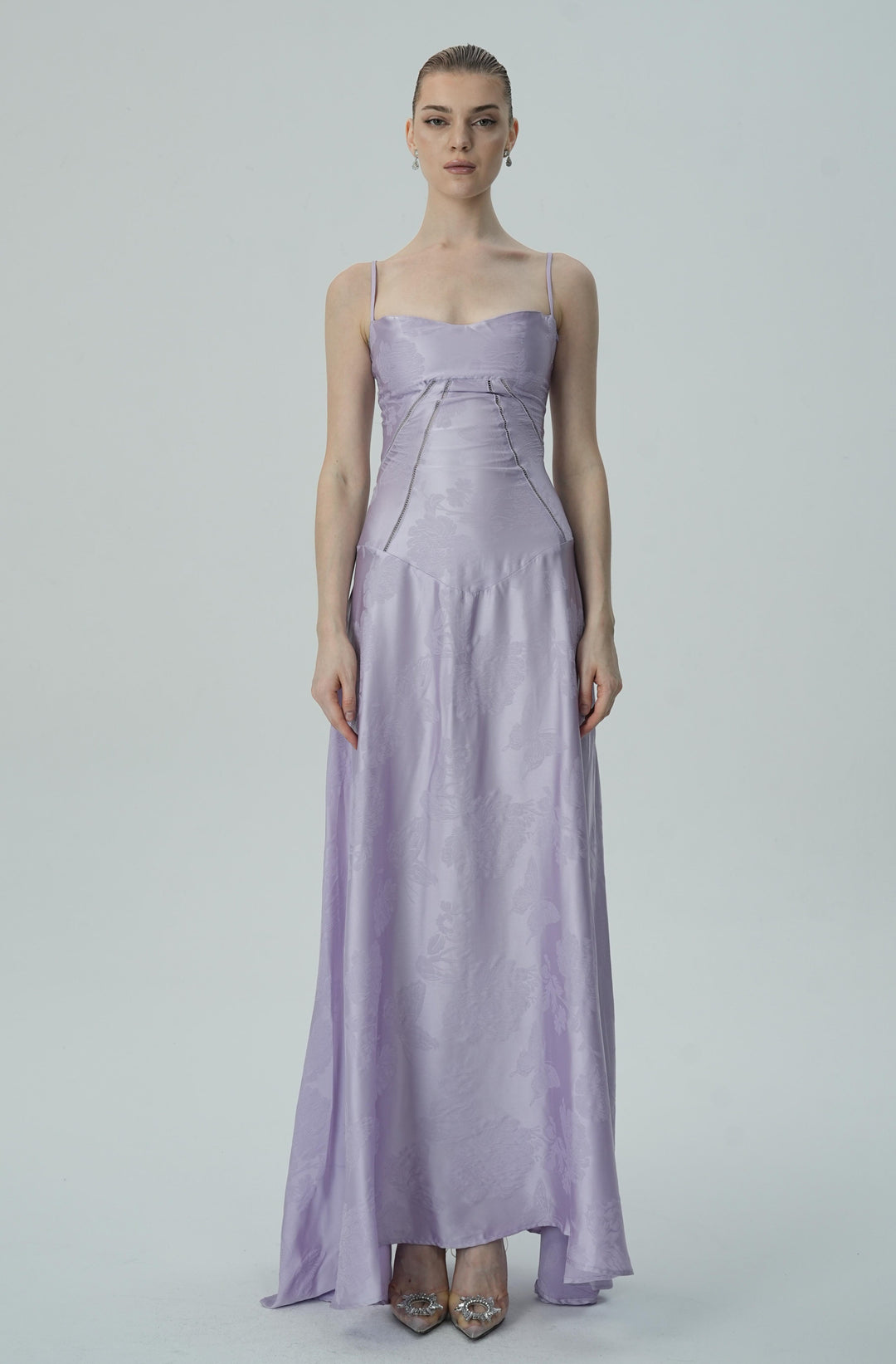 Lavanta Çiçekli Jakarlı Saten Maksi Elbise