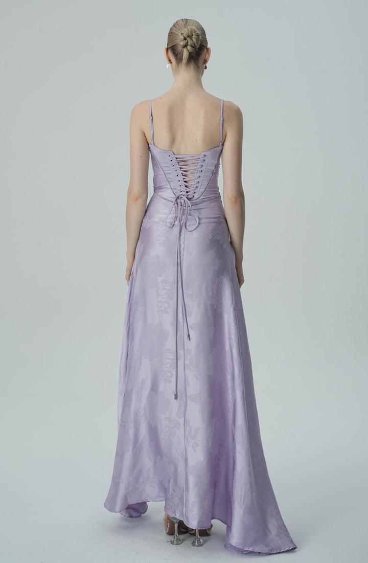 Lavanta Çiçekli Jakarlı Saten Maksi Elbise