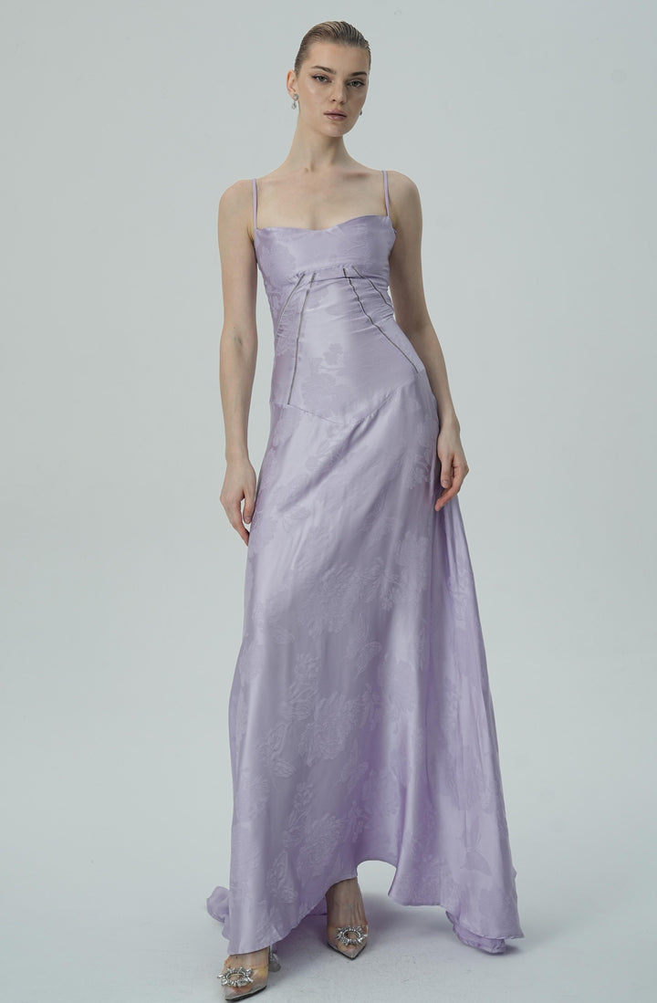 Lavanta Çiçekli Jakarlı Saten Maksi Elbise