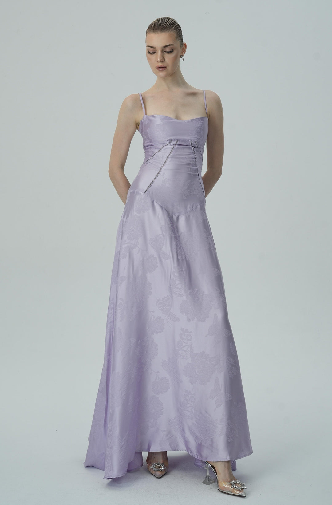 Lavanta Çiçekli Jakarlı Saten Maksi Elbise