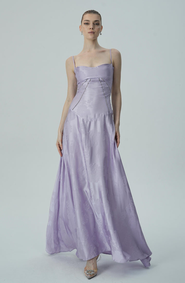 Lavanta Çiçekli Jakarlı Saten Maksi Elbise