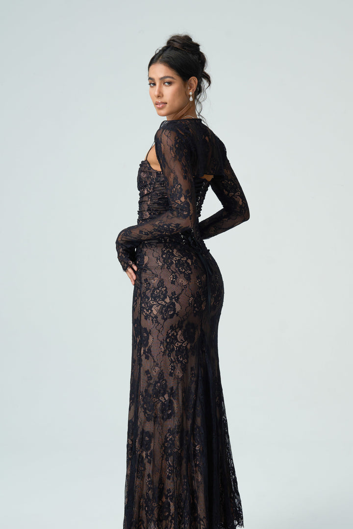 Zarif Uzun Kollu Dantel Elbise