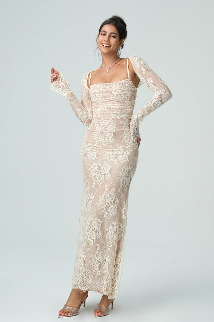 Zarif Uzun Kollu Dantel Elbise