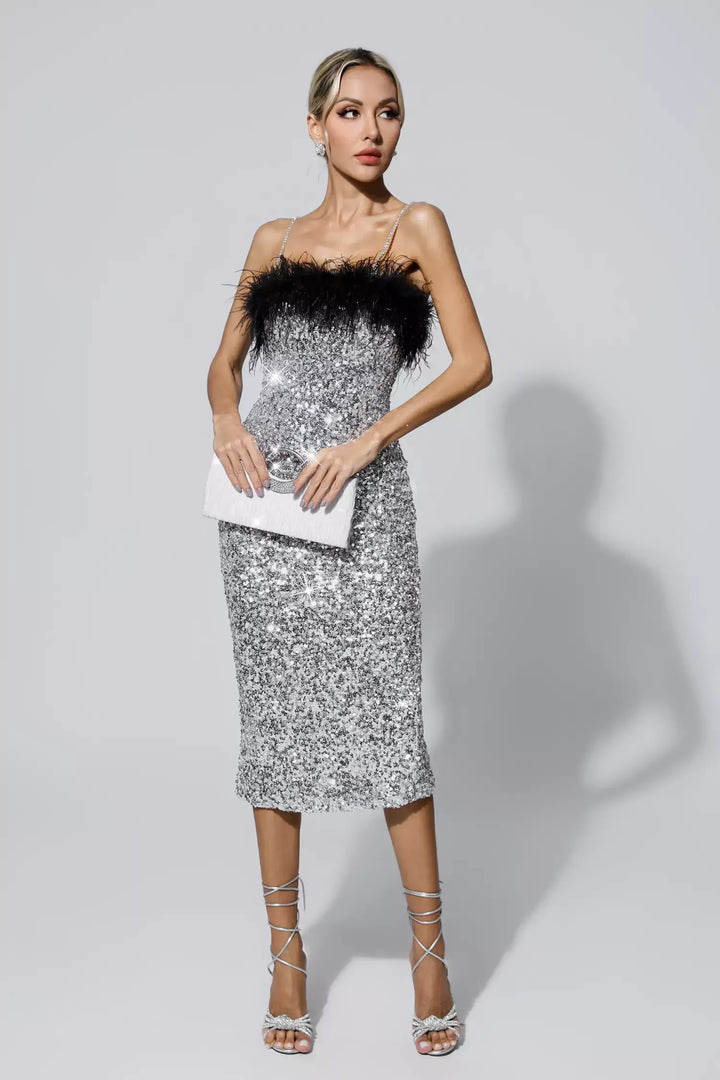 Jemma Siyah Tüy Midi Payet Elbise