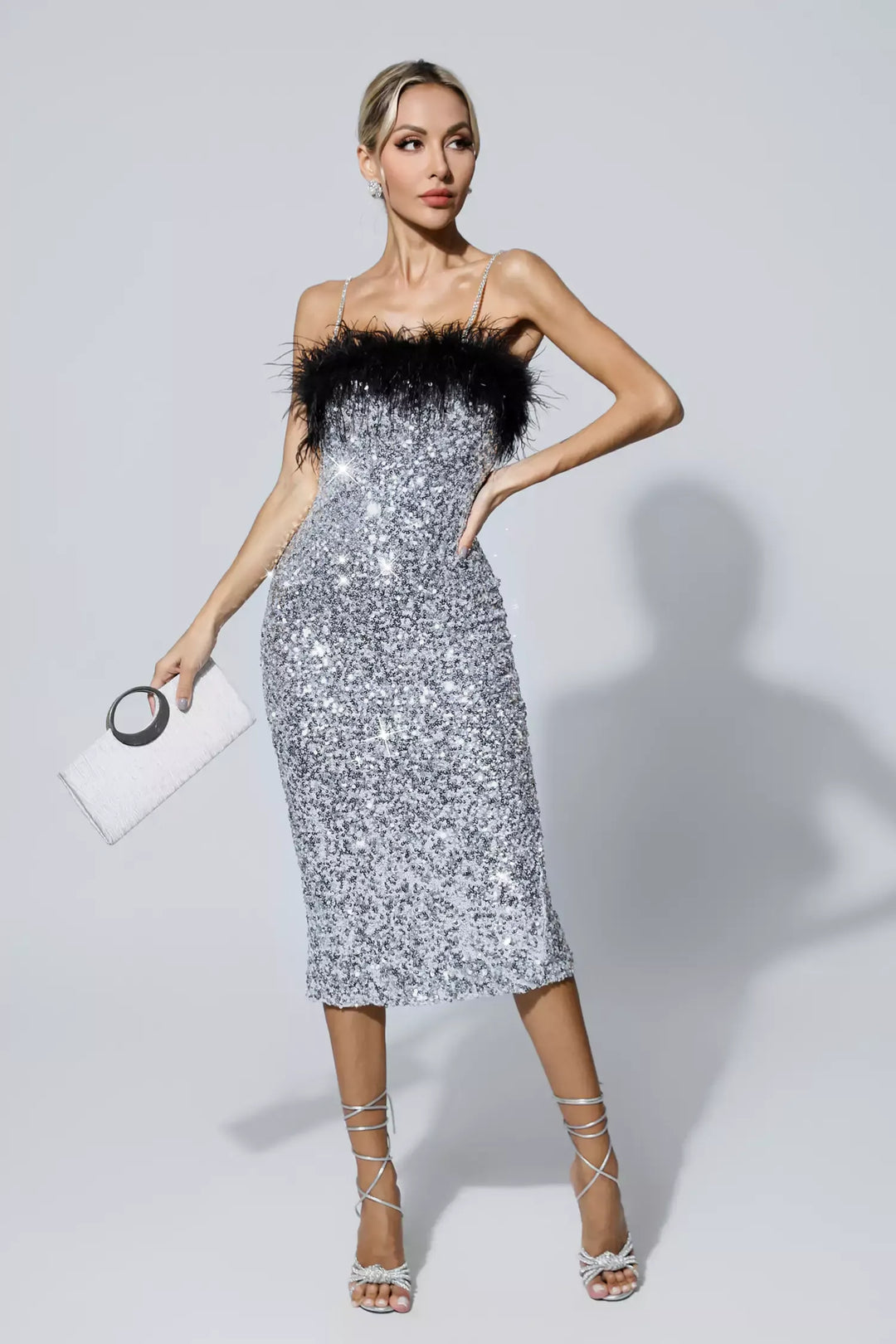 Jemma Siyah Tüy Midi Payet Elbise