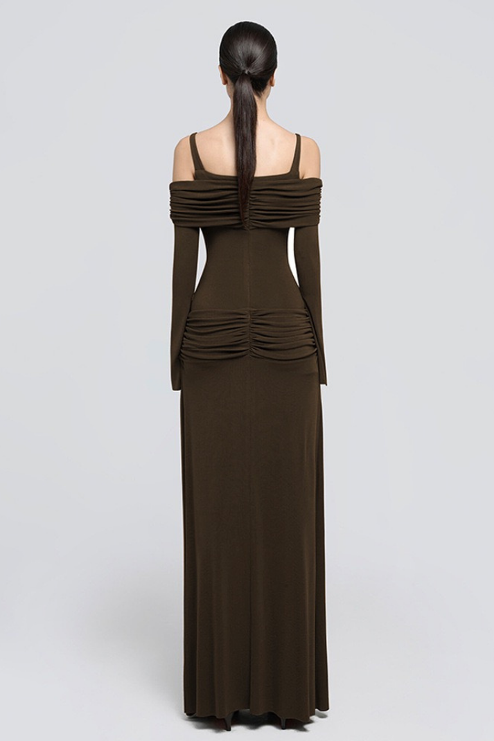 Zoey Drapeli Kahverengi Uzun Elbise
