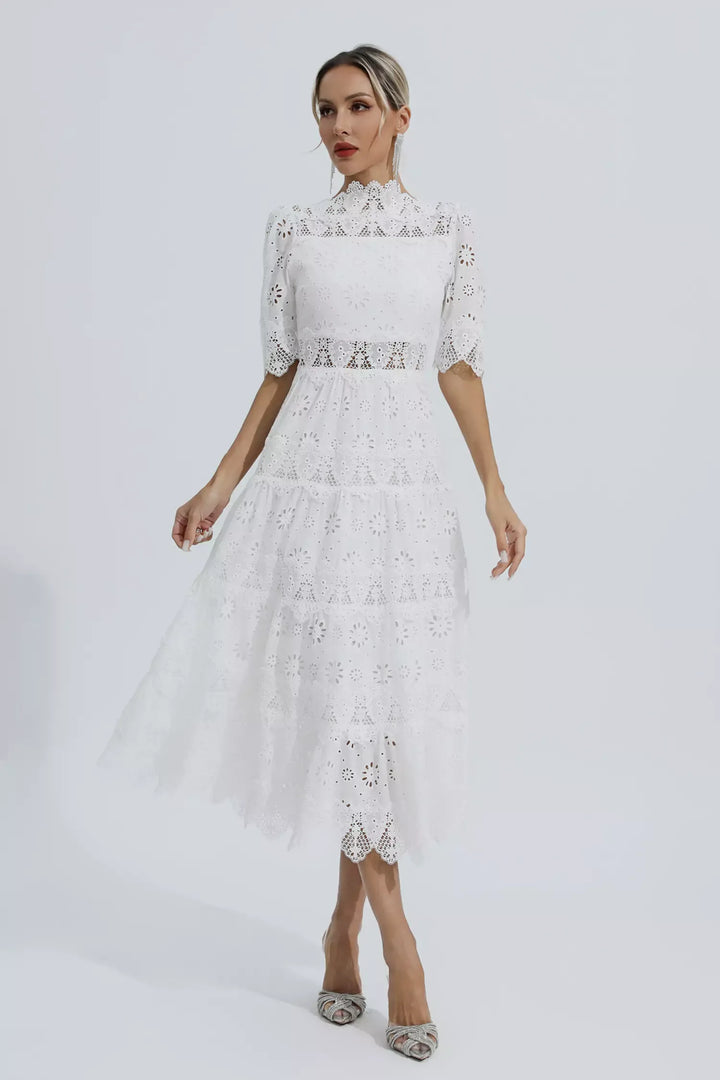 Kenna Beyaz İçi Boş Yarım Kol Midi Elbise