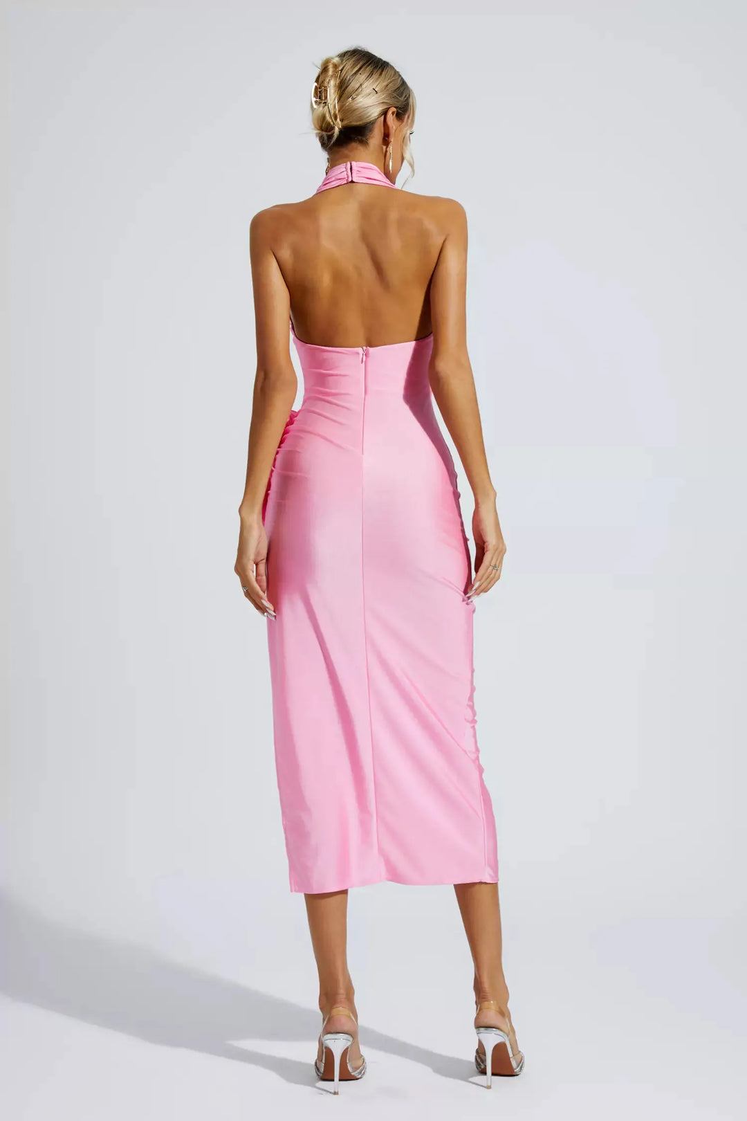 Kora Pembe Boyundan Bağlamalı Çiçekli Midi Elbise