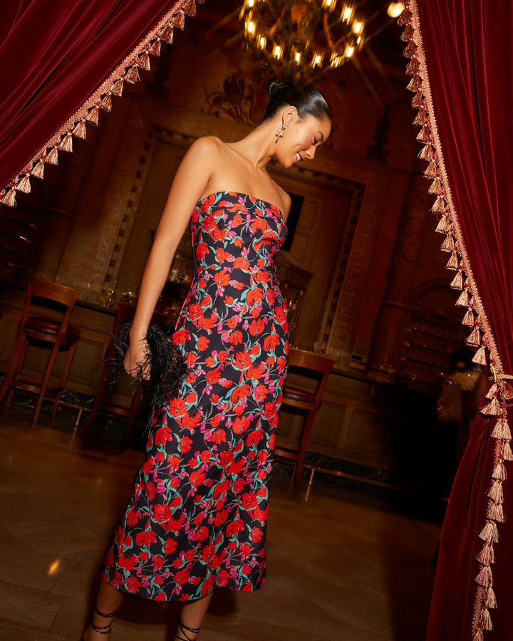 Thalia Straplez Çiçekli Midi Elbise