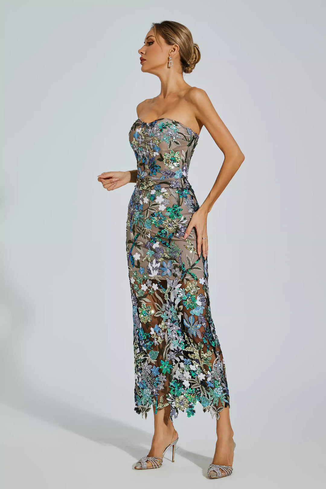 Leanna Yeşil Çiçek İşlemeli Maksi Elbise