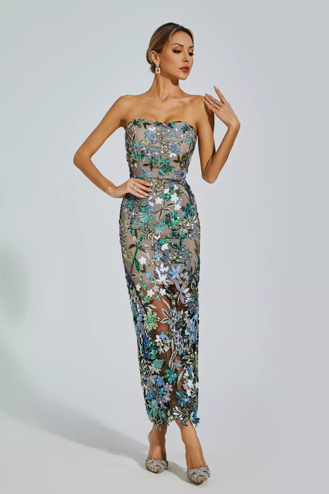 Leanna Yeşil Çiçek İşlemeli Maksi Elbise