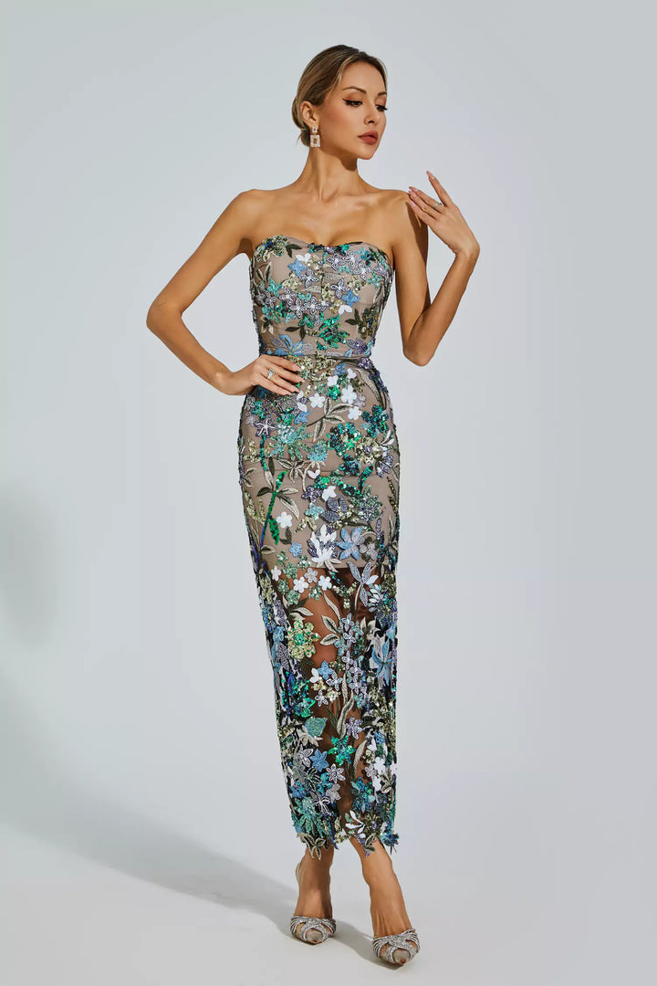 Leanna Yeşil Çiçek İşlemeli Maksi Elbise