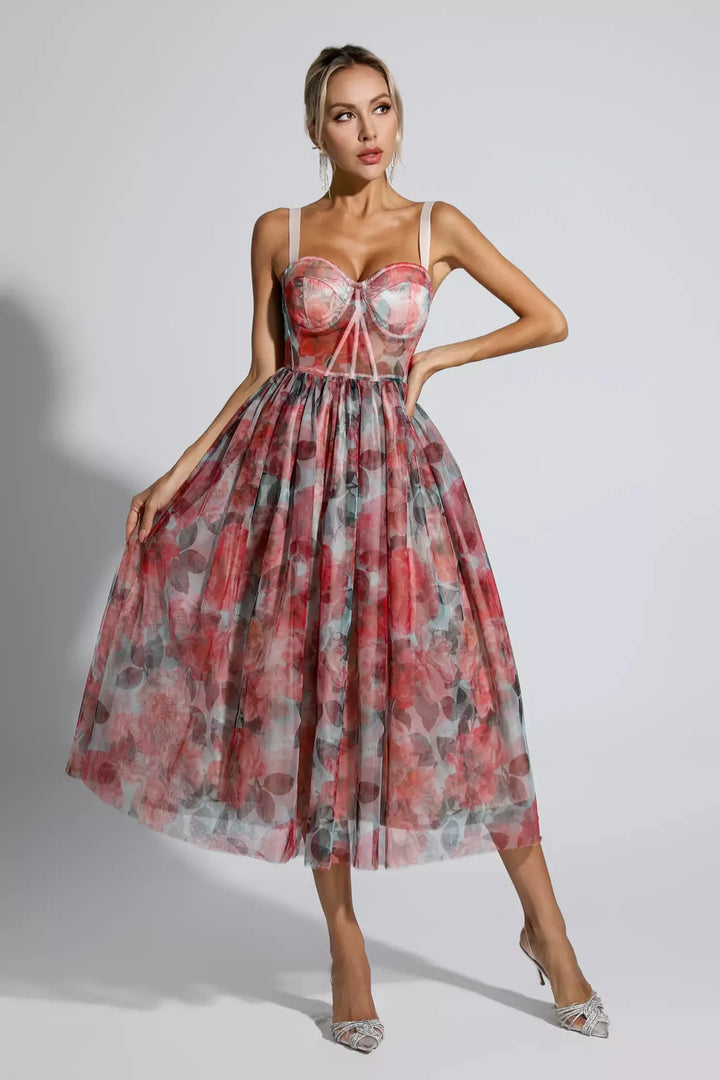 Lirik Kırmızı Çiçekli Maxi Elbise