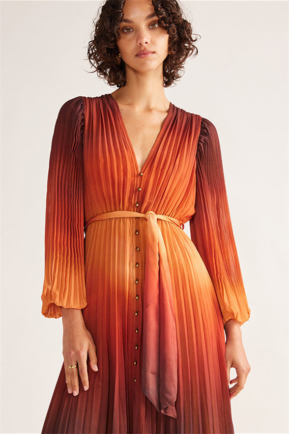 Elvira V Yaka Pileli Uzun Elbise