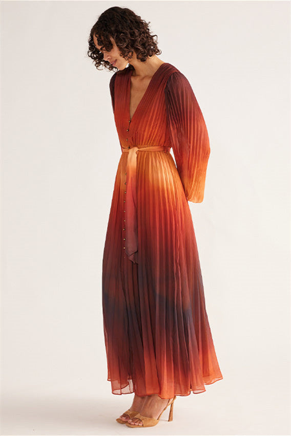 Elvira V Yaka Pileli Uzun Elbise