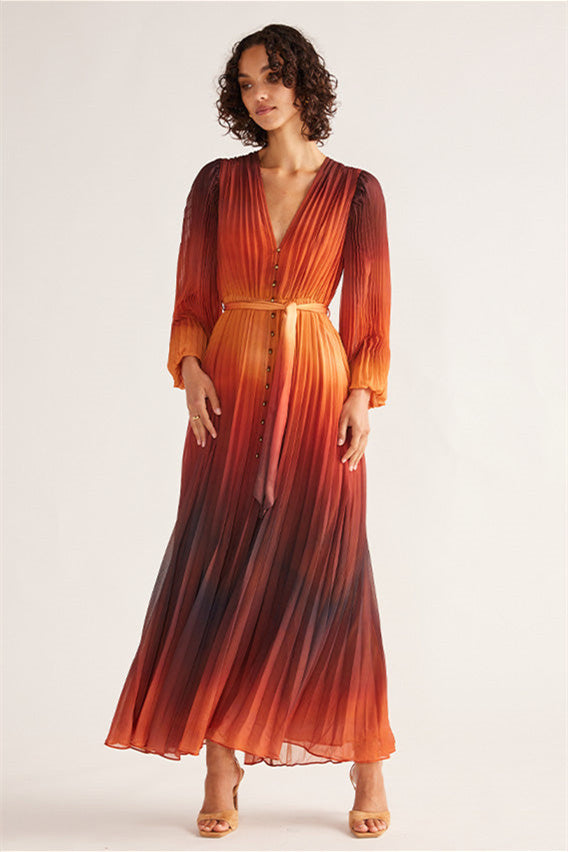 Elvira V Yaka Pileli Uzun Elbise