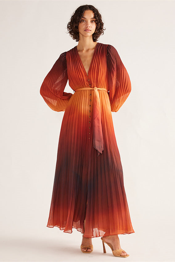 Elvira V Yaka Pileli Uzun Elbise