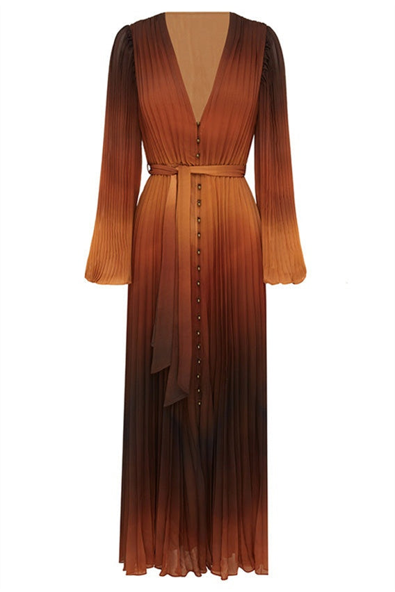 Elvira V Yaka Pileli Uzun Elbise