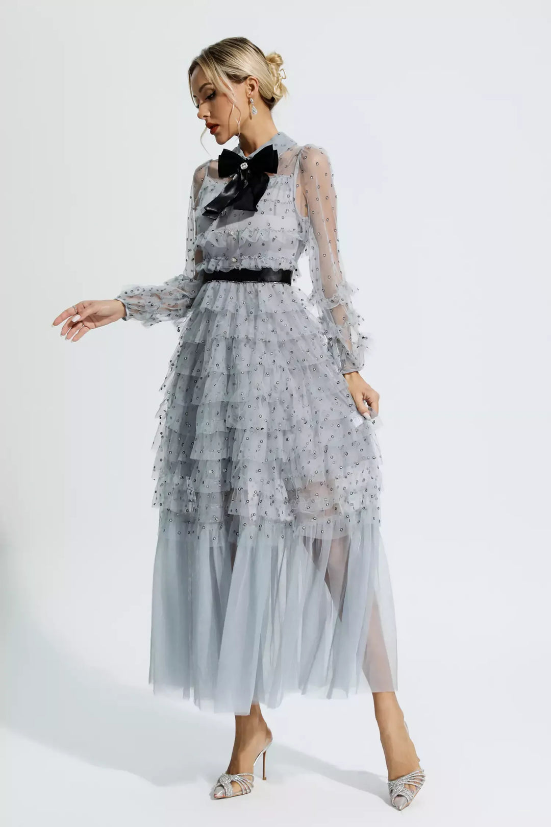 Maddison Gri Puantiyeli Uzun Elbise