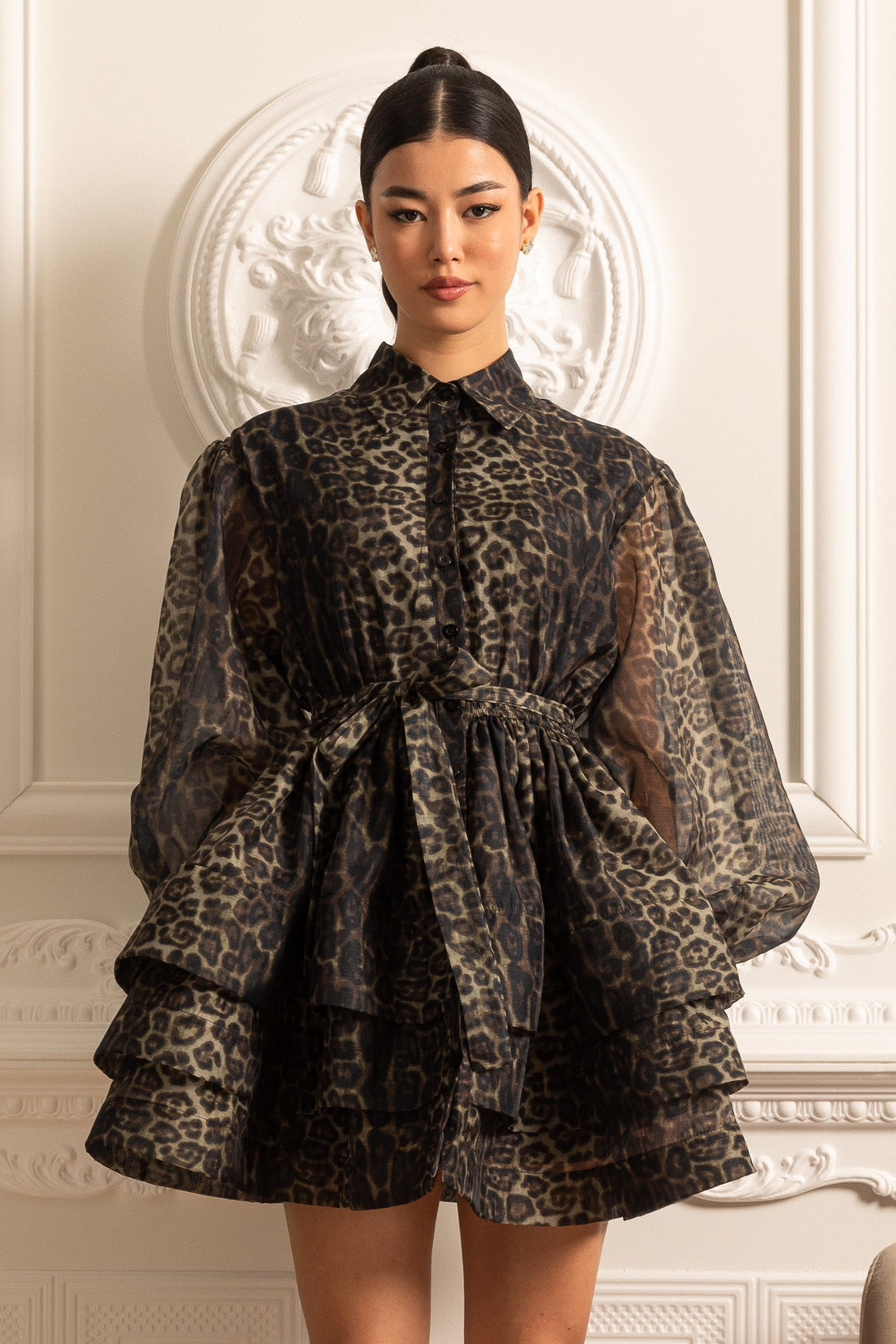 Etekli Leopar Desenli Uzun Kollu Elbise